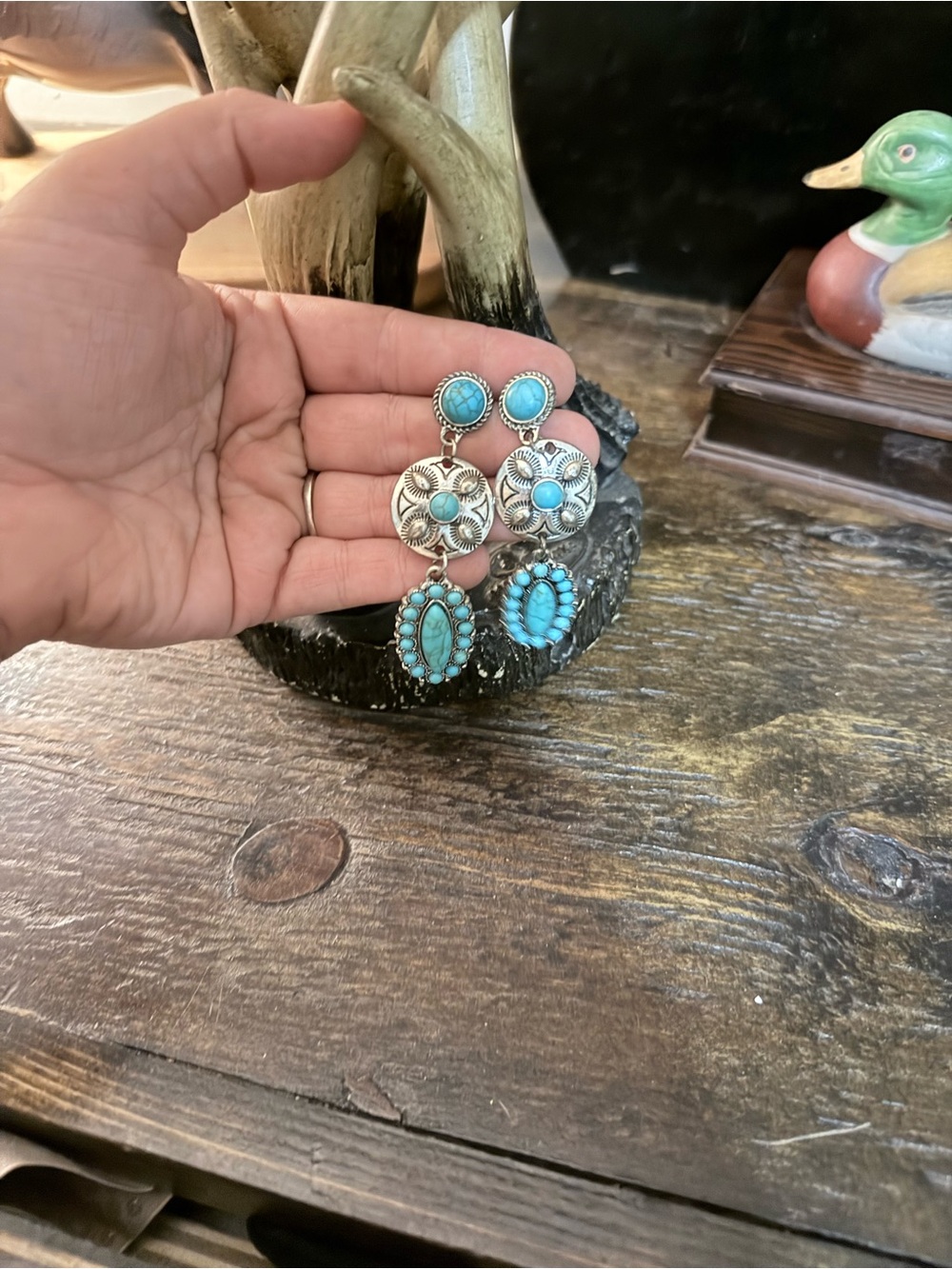 Turquoise Drop Statement Earrings - Silver Tone